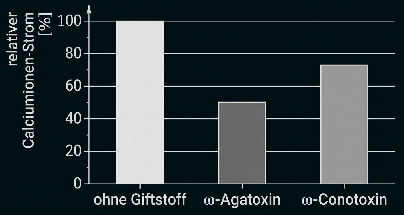 Balkendiagramm zum relativen Calciumionen-Strom mit Vergleich von ohne Giftstoff, ω-Agatoxin und ω-Conotoxin.